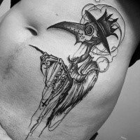 Black ink linework style belly tattoo of plague doctor skeleton