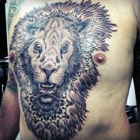 Black ink linework style chest tattoo of roaring lion