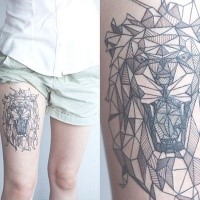 Black ink linework style thigh tattoo of roaring lion