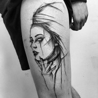 Black ink linework style thigh tattoo of woman portrait