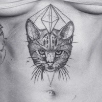Black ink medium size dot style belly tattoo of cat head with geometrical figure