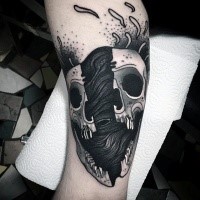Black ink new school style tattoo of corrupted skull