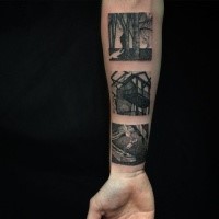 Black ink pictures like forearm tattoo of house