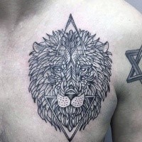 Black ink simple looking chest tattoo of lion head with triangles