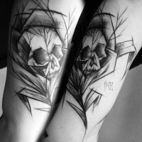 Black ink sketch style arm tattoo of human skeleton
