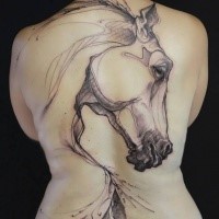 Black ink sketch style back tattoo of big horse head