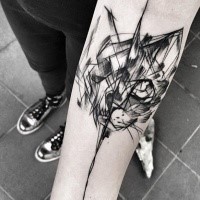 Black ink sketch style forearm tattoo of black cat by Inez Janiak