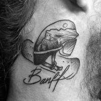Black ink small neck tattoo of snowboarder with lettering