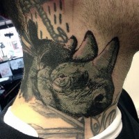 Black ink small vintage style neck tattoo of rhino head
