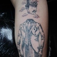 Black ink surrealism style arm tattoo fo man with divided head and clouds
