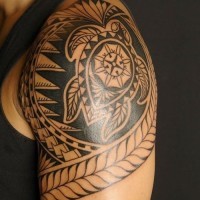 Black ink turtle polynesian tattoo