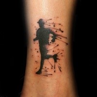 Black ink typical running man tattoo on leg