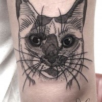 Black ink unusual colored arm tattoo of cat had