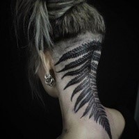 Black ink very detailed neck tattoo of fern leaf