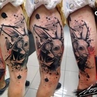 Black ink very detailed thigh tattoo fo cool rabbit with clock