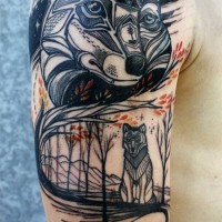 Tatuaje en el brazo, lobo precioso en el bosque, estilo magnífico