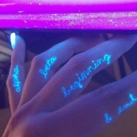 Schwarzlicht Inschriften an den Fingern Tattoo