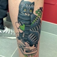 Black mysterious cat tattoo on leg