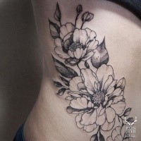 Black outline style designed by Zihwa side tattoo of flowers with big leaves