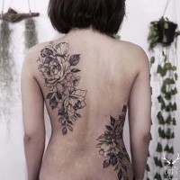 Black outline style painted by Zihwa back tattoo of flowers with leaves