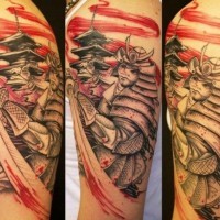 Black red samurai tattoo on half sleeve by Jacob Pedersen