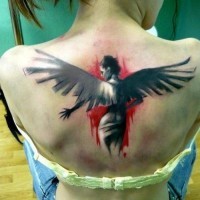 Black red women with wings tattoo on back
