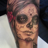 Black santa muerte girl with a red rose in hair tattoo