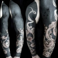 Black style massive sleeve tattoo stylized with mystic smoke