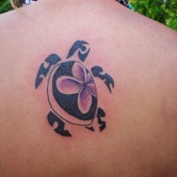 Black tribal turtle with flower tattoo for girls