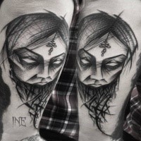 Blackwork style amazing looking arm tattoo of woman mask by Inez Janiak