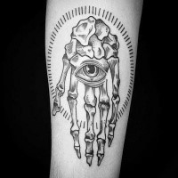 Blackwork style amazing looking leg tattoo of human hand with eye