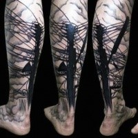 Blackwork style big leg tattoo of city line towers