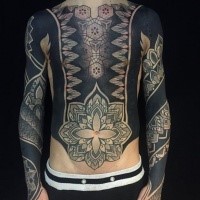 Blackwork style colored sleeve, chest and belly tattoo of various ornaments and flowers