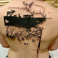 Blackwork style detailed back tattoo of various animals and lettering
