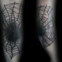 Blackwork style elbow tattoo of spider web