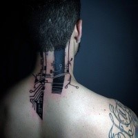 Blackwork style electronics tattoo on neck