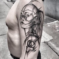 Blackwork style fantasy themed upper arm tattoo of woman robot