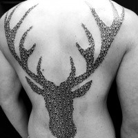 Blackwork style large back tattoo of deer silhouette
