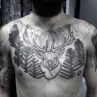 Blackwork style large chest tattoo of deer with mountains and trees
