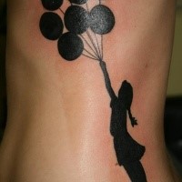 Blackwork style large side tattoo of human with balloons