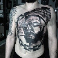 Blackwork style large whole chest tattoo of smoking sailor