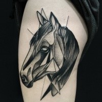 Blackwork style medium size painted by Michele Zingales thigh tattoo of horse head