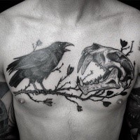 Blackwork style nice looking chest tattoo of crow with animal skull by Dino Nemec
