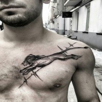 Blackwork style painted by Inez Janiak dramatic collarbone tattoo of running lion