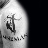 Blackwork style simple looking shoulder tattoo of lineman with lettering