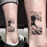 Blackwork style small ankle tattoo of ocean wave