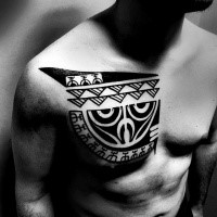 Blackwork style typical chest tattoo of Polynesian ornaments