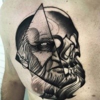 Blackwork surrealism style painted by Michele Zingales chest tattoo of human face combined with skull