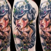 Bloody amazing looking thigh tattoo of woman with bloody tears and skull