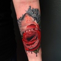 Bloody colored forearm tattoo of shark with rose and waters
